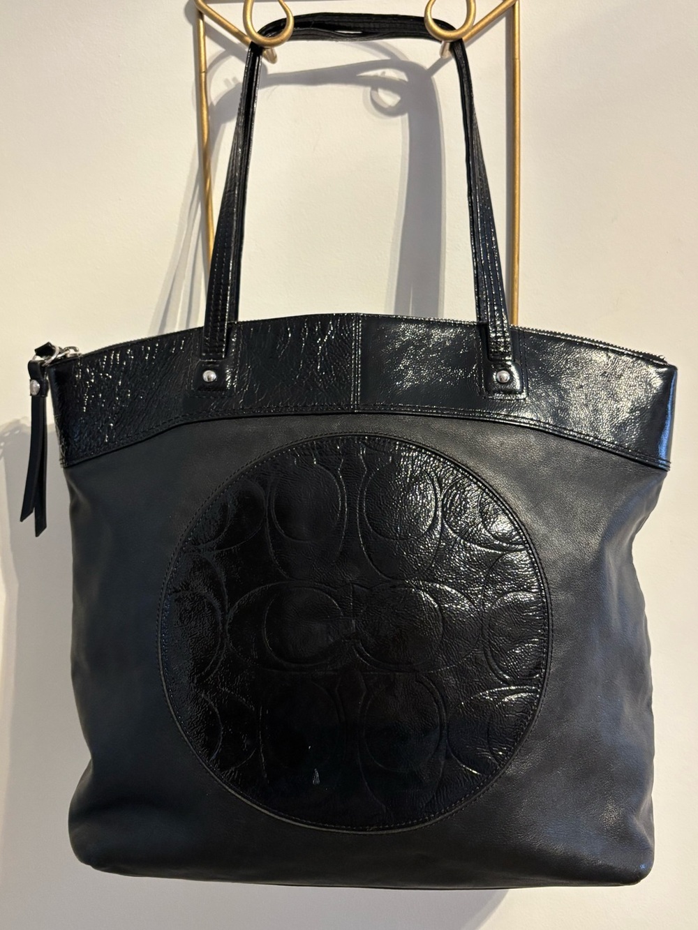Coach Signature Patent Appliqué Leather Tote F18336 Black!